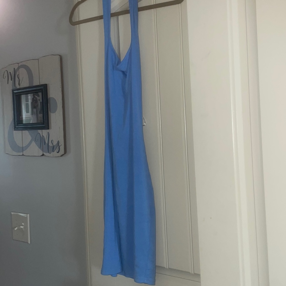 Blue ripped scoop neck/halter mini dress